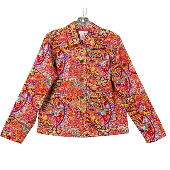 Coldwater Creek Colorful Jacket XS Pink Orange Boho Artsy Floral Art To Wear - Picture 1 of 9
